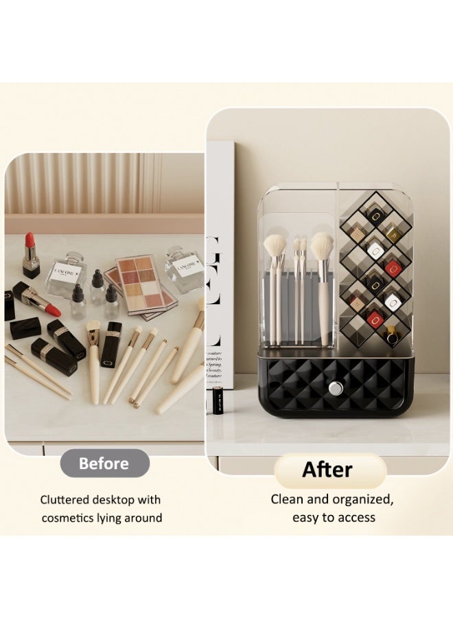 Makeup Organizer with Drawer and Brush Holder, Countertop Tilt Open Design Makeup Brush Holder with Lipstick Holder and Bottom Drawer, Cosmetic Organizer for Vanity Bathroom Countertop Office Home - Image 2